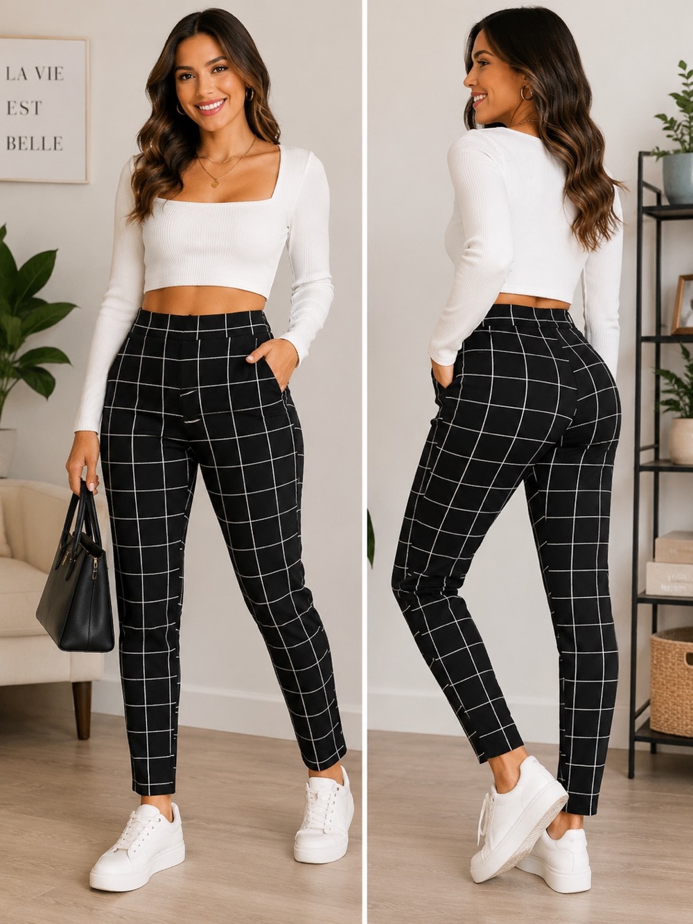 Elastic Waist Black Plaid Pants